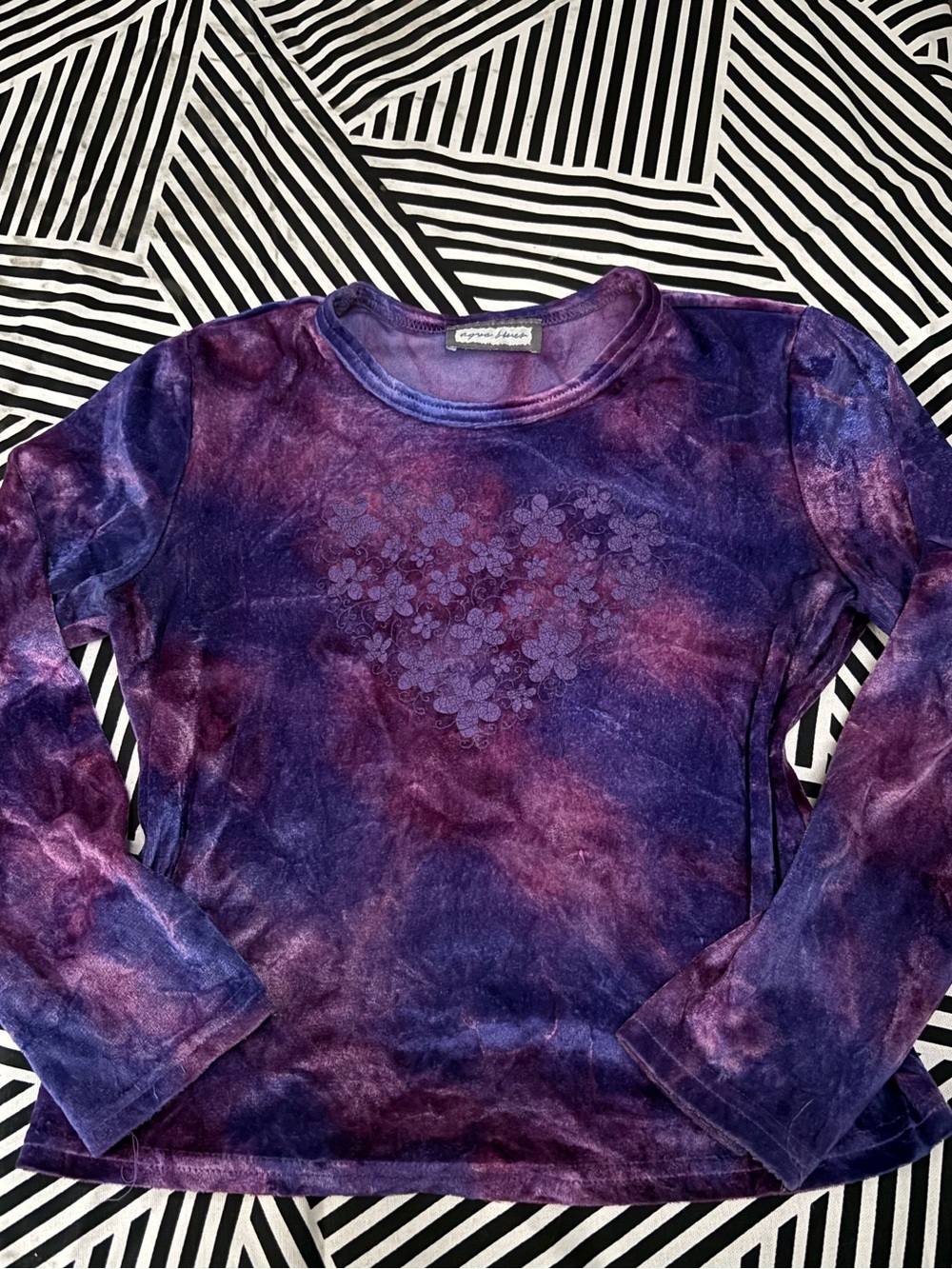 Purple Tie-Dye Velvet Crop Top with Floral Detail